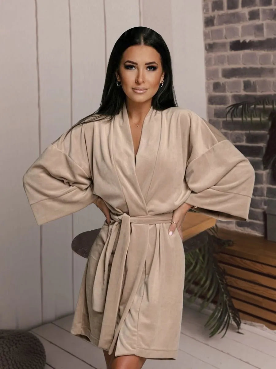 Peignoir velours élégant mi-longueur pour femme beige / L Peignoir et bain