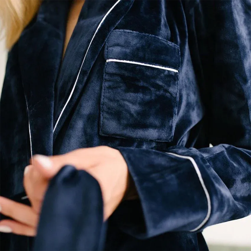 Peignoir velours femme court avec pantalon élégant bleu / xl Peignoir et bain