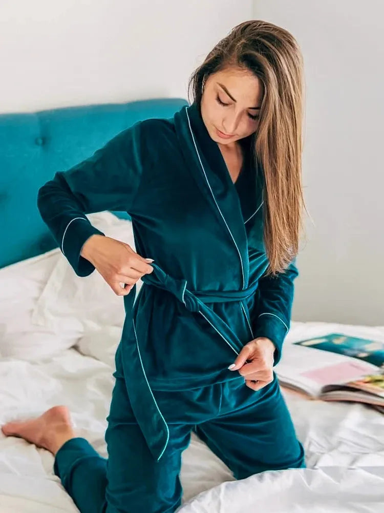 Peignoir velours femme court avec pantalon élégant vert / m Peignoir et bain